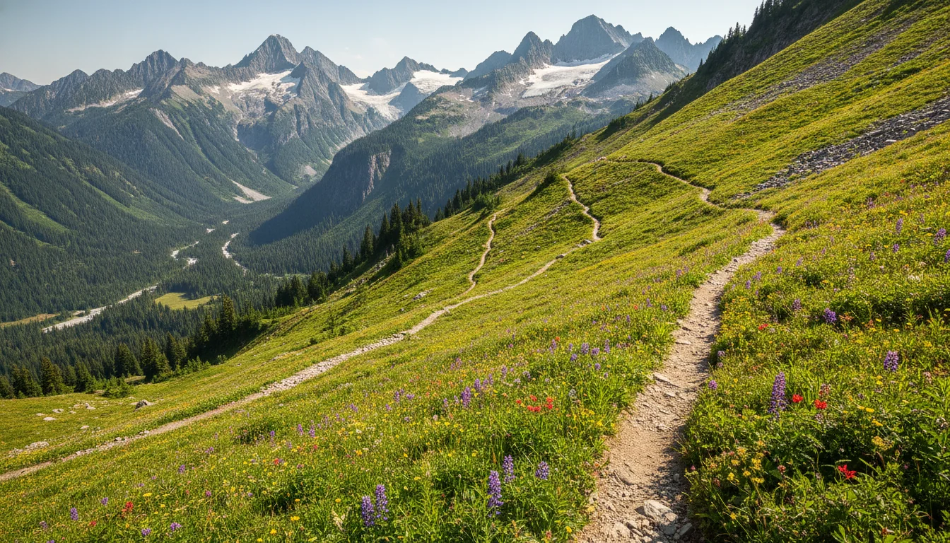 A broad alpine pass beneath jagged glaciated peaks with a switchbacking trail climbing meadow slopes, Cascade Pass, illustrative render in the series style