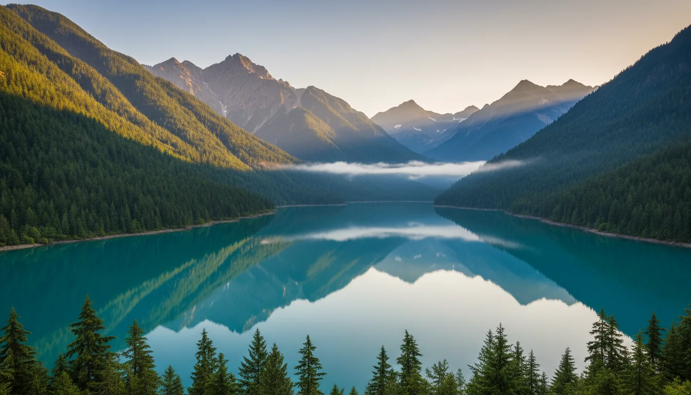 A vivid turquoise reservoir ringed by dark forested ridges and glaciated peaks seen from a highway overlook, Diablo Lake, illustrative render in the series style