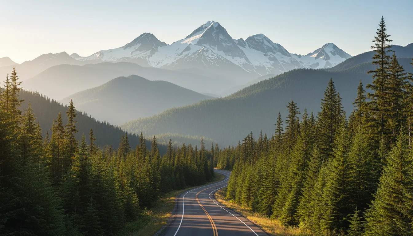 A ribbon of two-lane highway climbing through granite spires and larch-dotted slopes toward a high pass, the North Cascades Highway, illustrative render in the series style