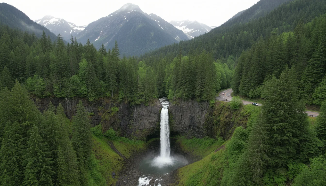 A tall thin waterfall dropping through mossy forest beside a highway bridge, Gorge Creek Falls, illustrative render in the series style