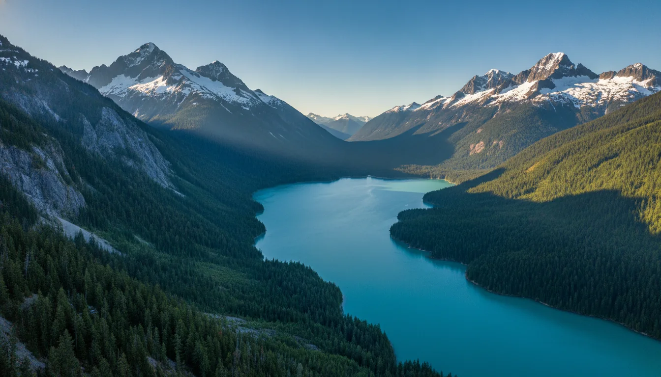 An overland rig on the North Cascades Highway with jagged glaciated peaks rising above a turquoise reservoir, SR 20 at golden hour, illustrative render in the series style
