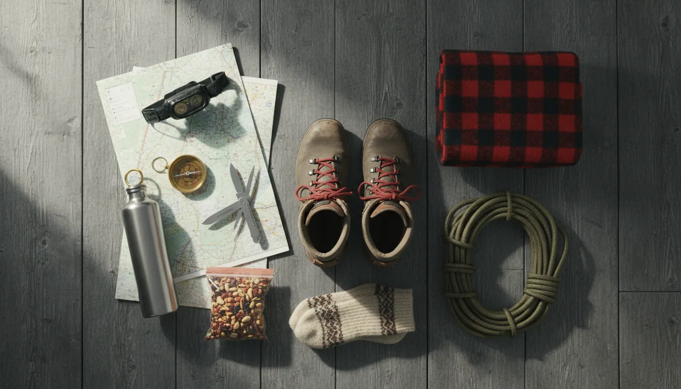 Overhead flat lay of loop kit: a satellite communicator, N95 masks, bear spray, a paper map, tyre plug kit and a Northwest Forest Pass hangtag, illustrative render in the series style
