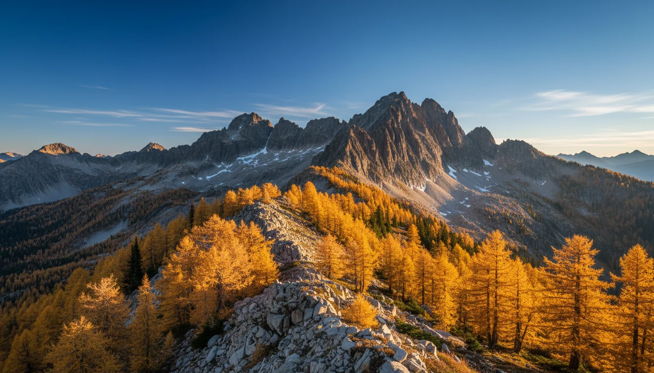 Golden subalpine larches glowing against dark evergreens and granite spires under a clear autumn sky, larch season in the North Cascades, illustrative render in the series style
