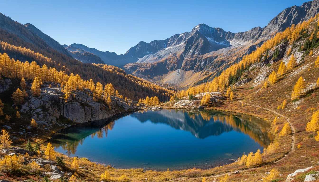 A high alpine loop trail circling a blue tarn beneath larch-gold ridges and rock spires, the Heather-Maple Pass Loop, illustrative render in the series style