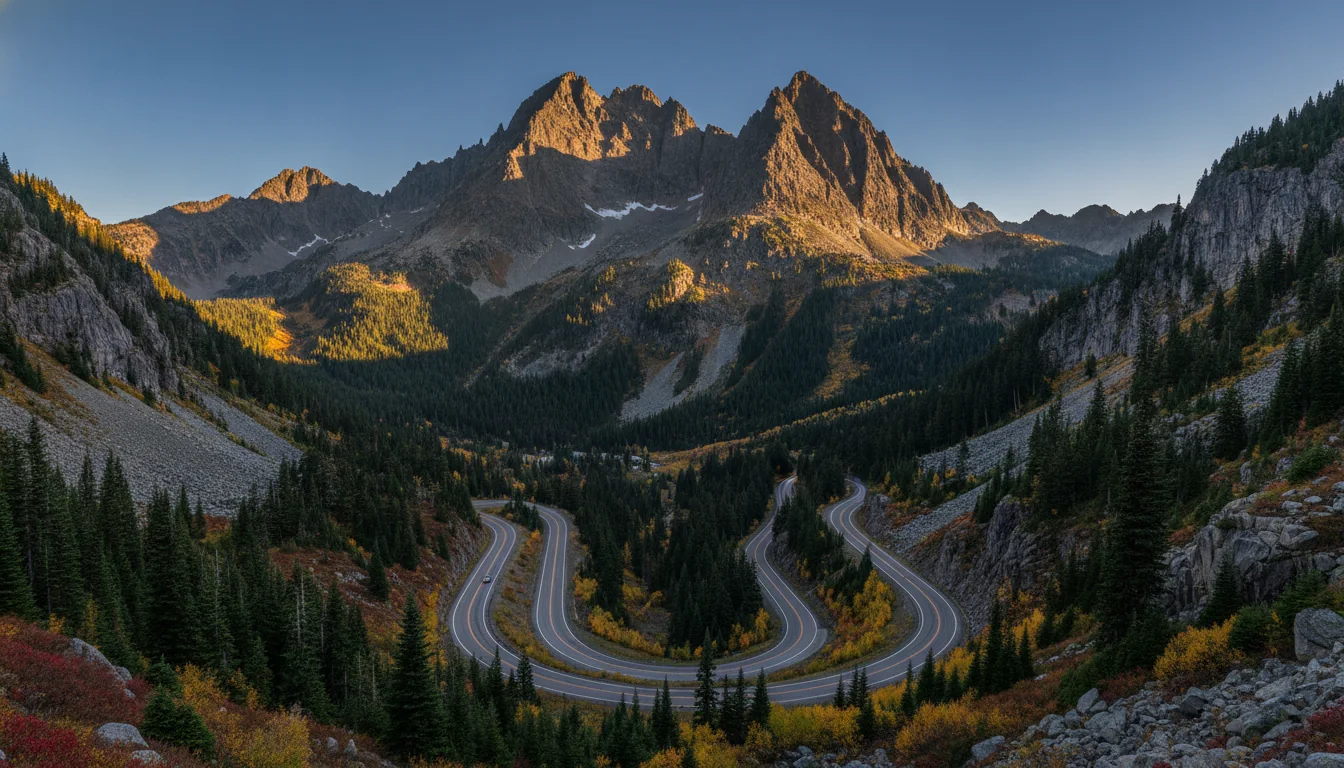 Sheer granite spires of Liberty Bell Mountain rising above a highway hairpin with golden larch on the aprons below, Washington Pass Overlook, illustrative render in the series style