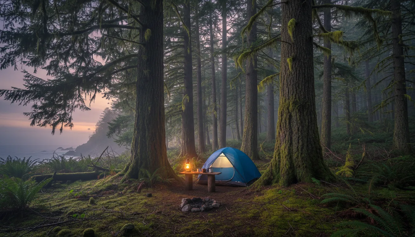 A camp set among enormous mossy conifers in soft rain, a rig and awning under the canopy, an Olympic Peninsula campground, illustrative render in the series style