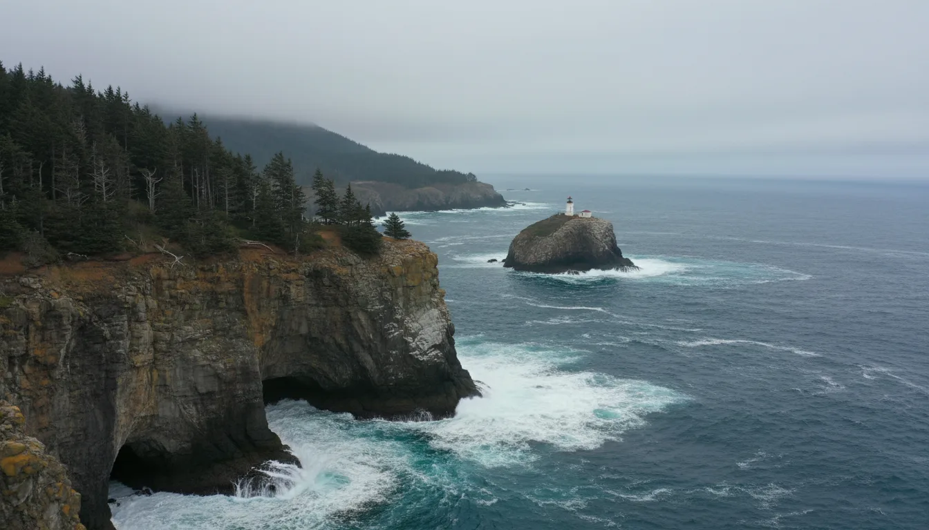 Sea cliffs and offshore rocks at the northwesternmost point of the contiguous United States with an island lighthouse beyond, Cape Flattery on Makah land, illustrative render in the series style