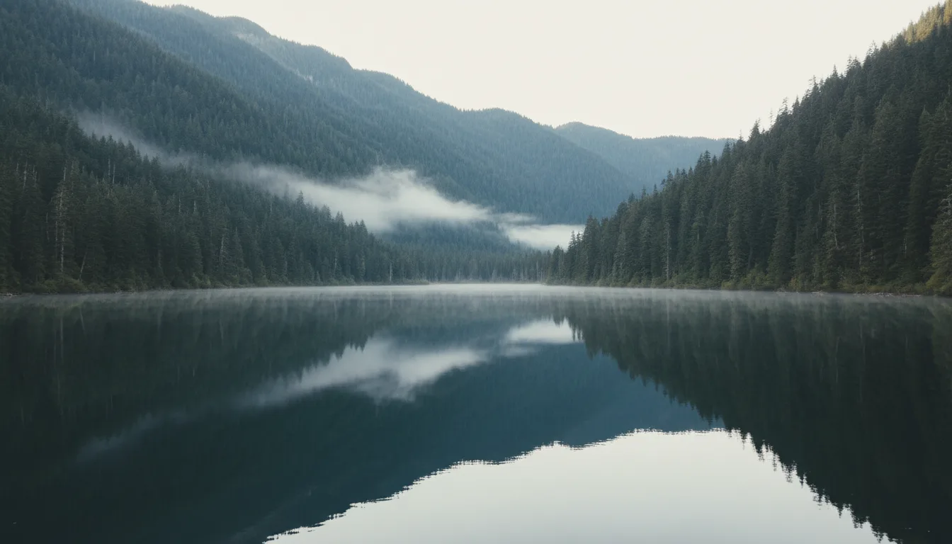 A long deep blue lake held between steep forested ridges under clearing cloud, Lake Crescent, illustrative render in the series style
