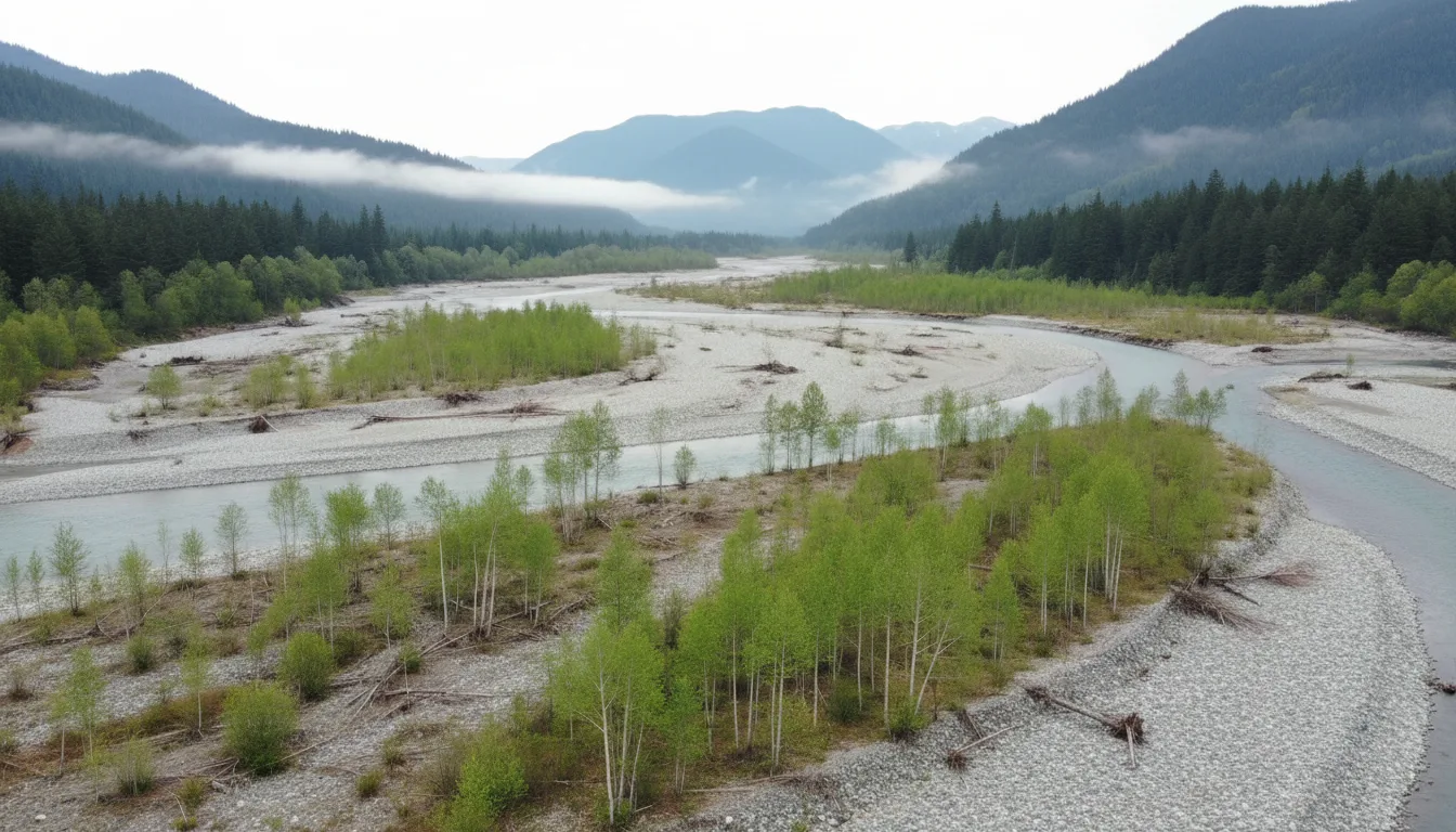 A river running free through a broad gravel valley where a dam once stood, young alder colonising the former reservoir bed, the Elwha, illustrative render in the series style