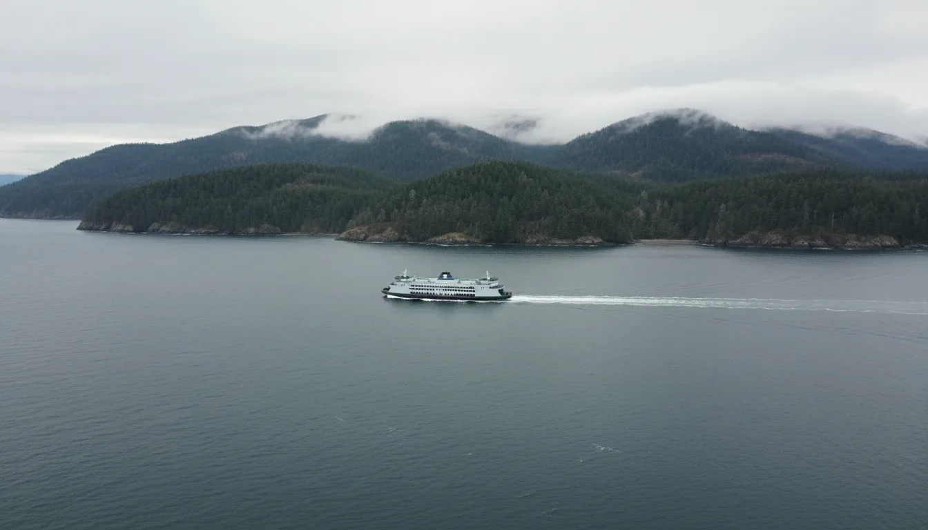 A vehicle ferry crossing grey water toward a forested shoreline under low cloud, an approach to the Olympic Peninsula, illustrative render in the series style