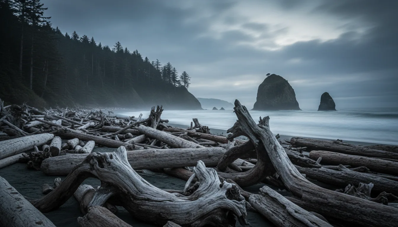 An overland rig on a coast highway above sea stacks in Pacific fog, rain forest crowding the shoulder, the Washington coast at dusk, illustrative render in the series style