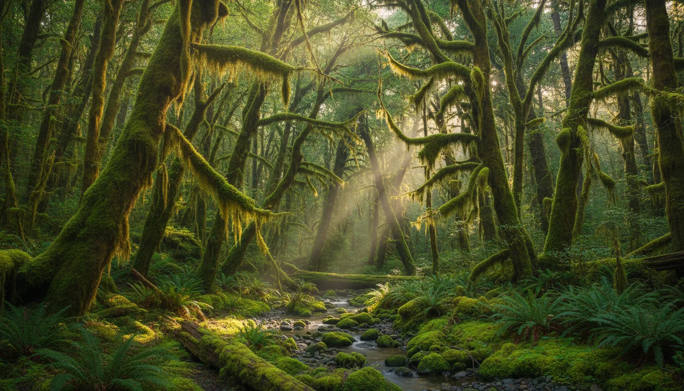 Moss-draped bigleaf maples and towering conifers in deep green light with ferns underfoot, the Hoh Rain Forest, illustrative render in the series style