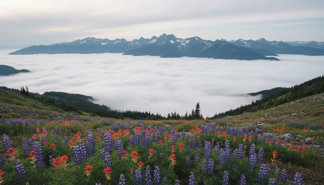 Subalpine meadow on a high ridge with glaciated peaks filling the horizon and cloud pouring through a gap, Hurricane Ridge, illustrative render in the series style