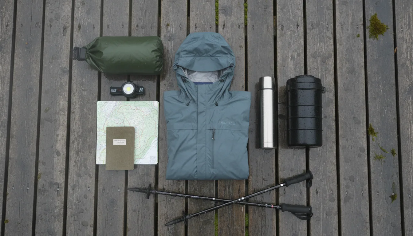 Wet-weather layers, a bear canister, a printed tide table and soft-soled boots laid out on a tailgate under drizzle, illustrative render in the series style