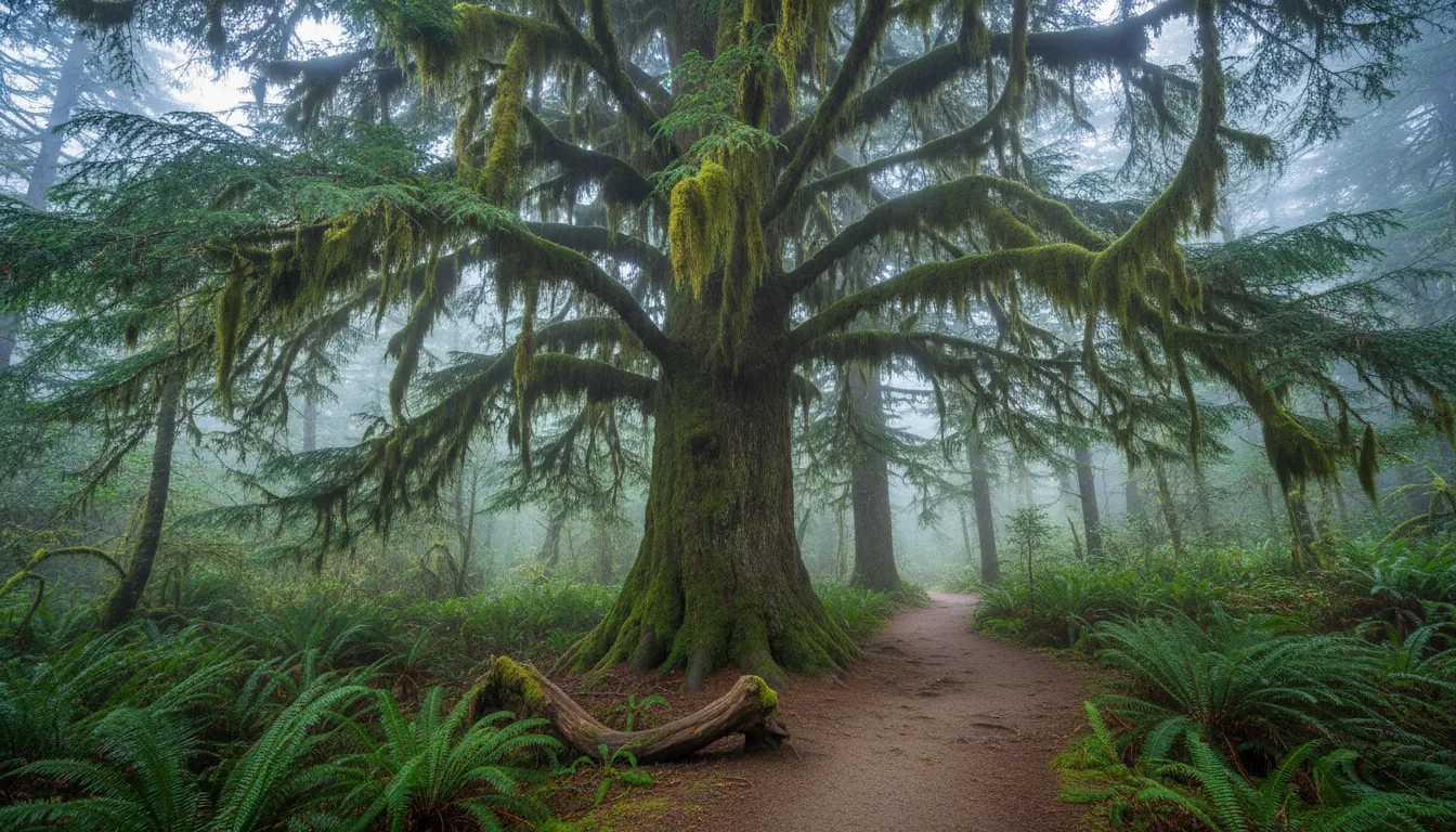 A very large moss-covered conifer beside a still lake with cloud on the ridges, the Quinault valley, illustrative render in the series style