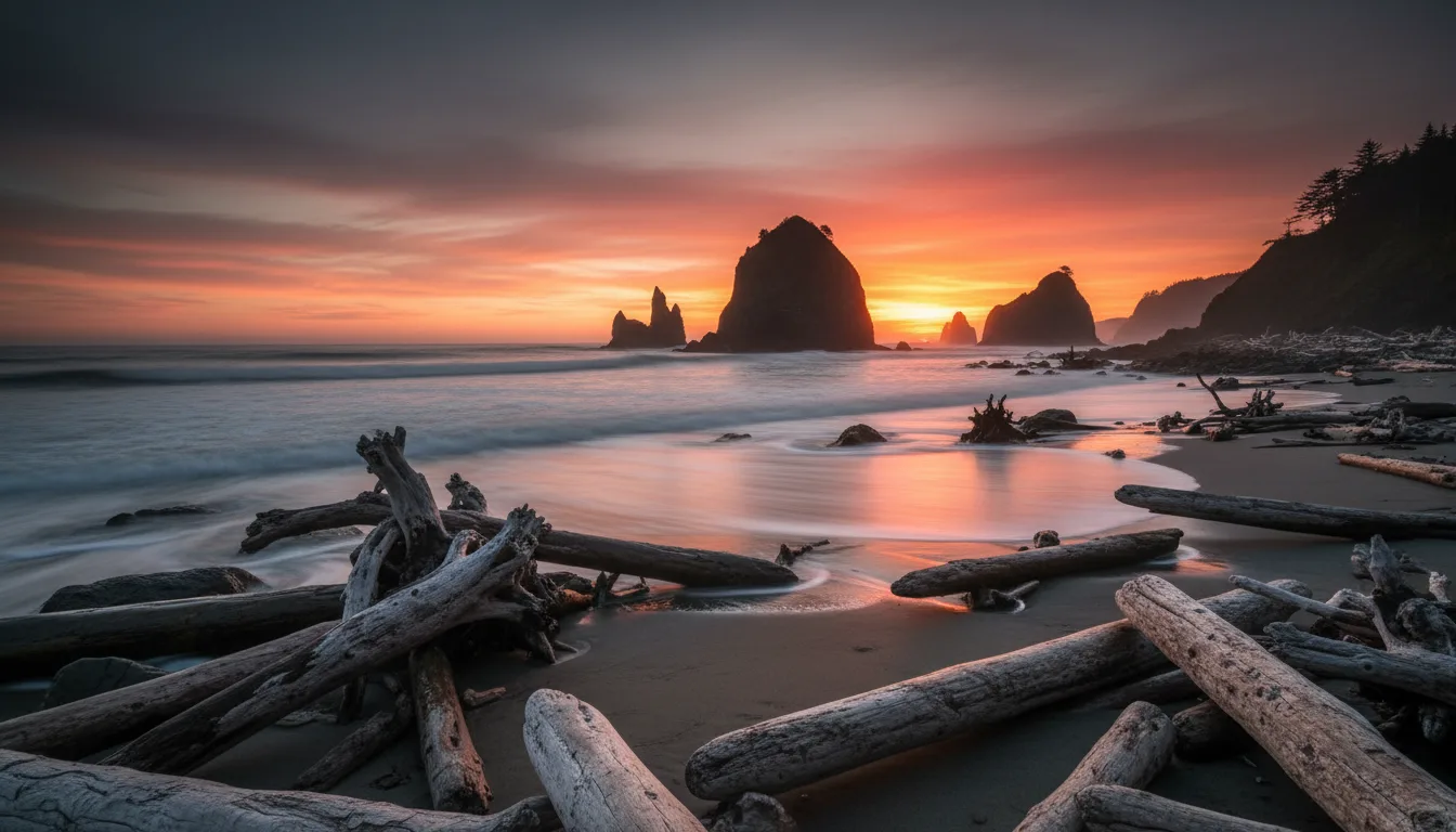 Sea stacks and drift logs on a wide grey beach with surf breaking through mist, Ruby Beach on the Washington coast, illustrative render in the series style