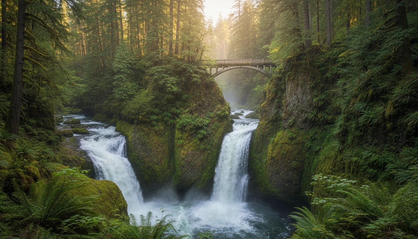 A wide waterfall splitting into channels as it drops into a narrow mossy rock canyon crossed by a footbridge, Sol Duc Falls, illustrative render in the series style
