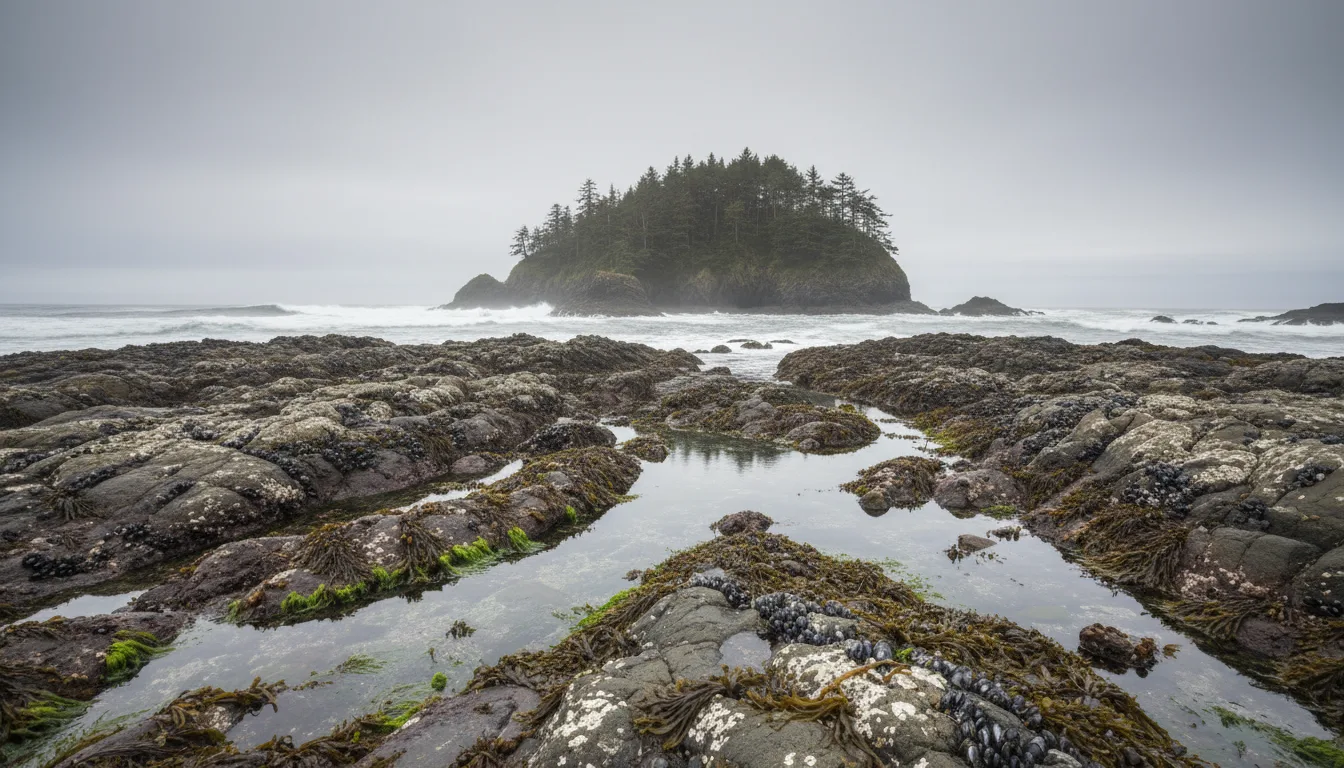 Wet cobble and a rising tide pressing against a dark headland cliff with surf and mist, the Olympic coast, illustrative render in the series style