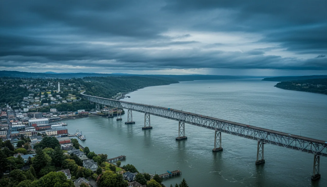A tall concrete column on a forested hilltop above a river-mouth town and a long bridge, the Astoria Column over the Columbia, illustrative render in the series style
