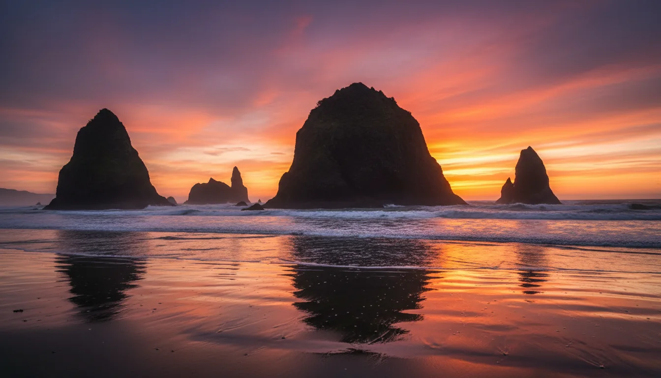A field of sea stacks and offshore islands off a low headland at sunset with the Coquille River lighthouse beyond, Bandon, illustrative render in the series style