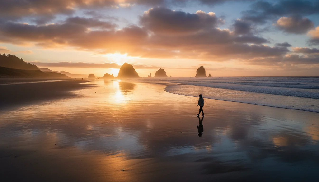 A wide empty Oregon beach with a large sneaker wave surging far up the dry sand toward scattered driftwood logs under a grey sky, illustrative render in the series style