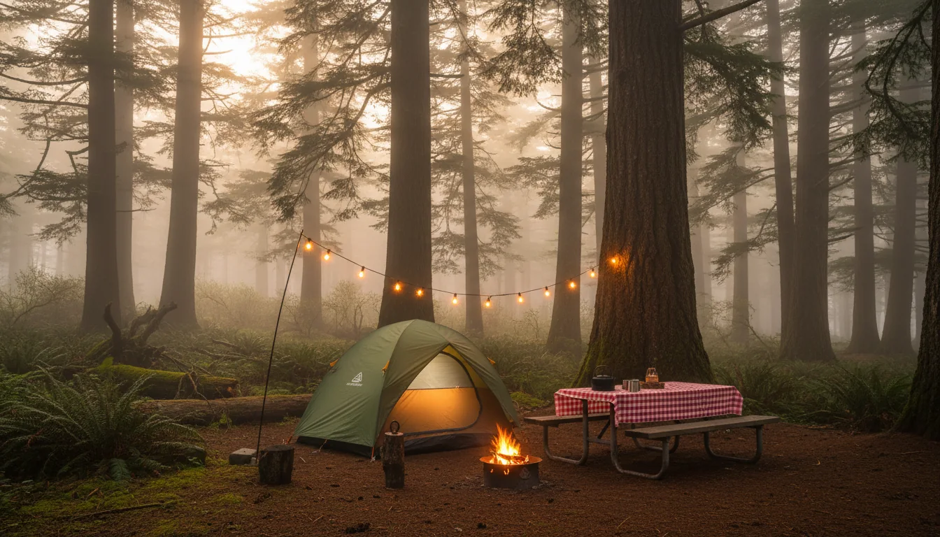 A campsite among tall coastal spruce with a rig and an awning in evening light, an Oregon coast state park, illustrative render in the series style