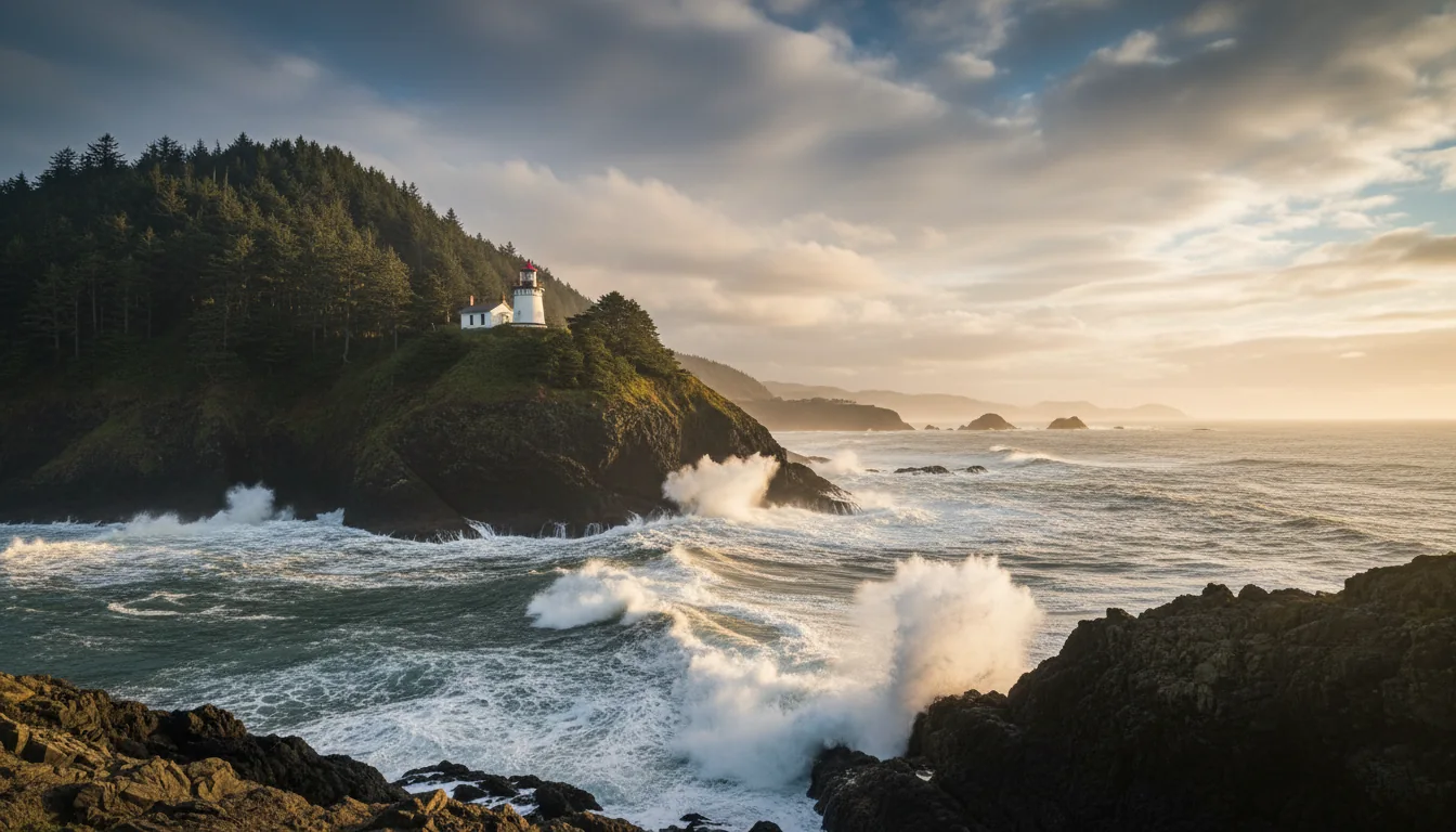 A short white lighthouse on a green headland above the ocean with a gnarled multi-trunked spruce nearby, Cape Meares, illustrative render in the series style