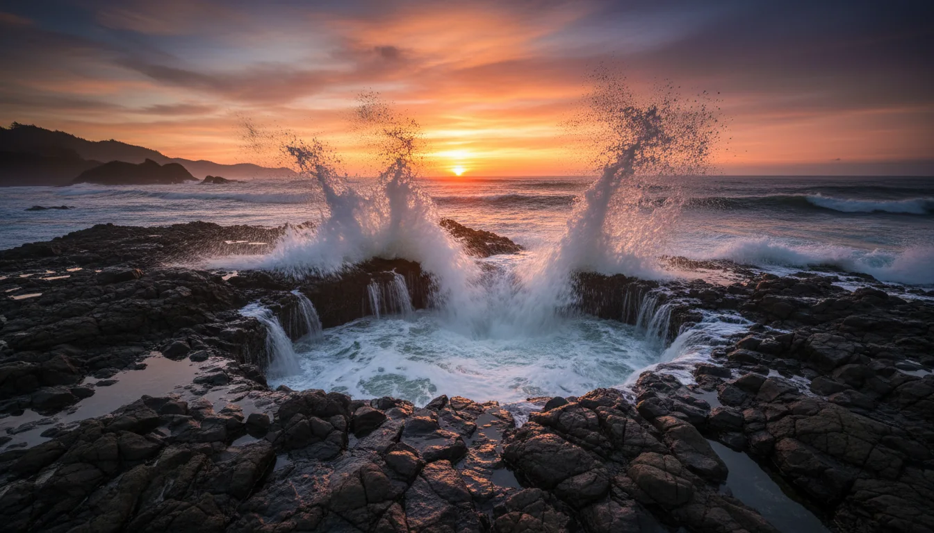 A high forested headland dropping to a churning basalt shoreline with surf exploding through a rock bowl, Cape Perpetua and Thor's Well, illustrative render in the series style