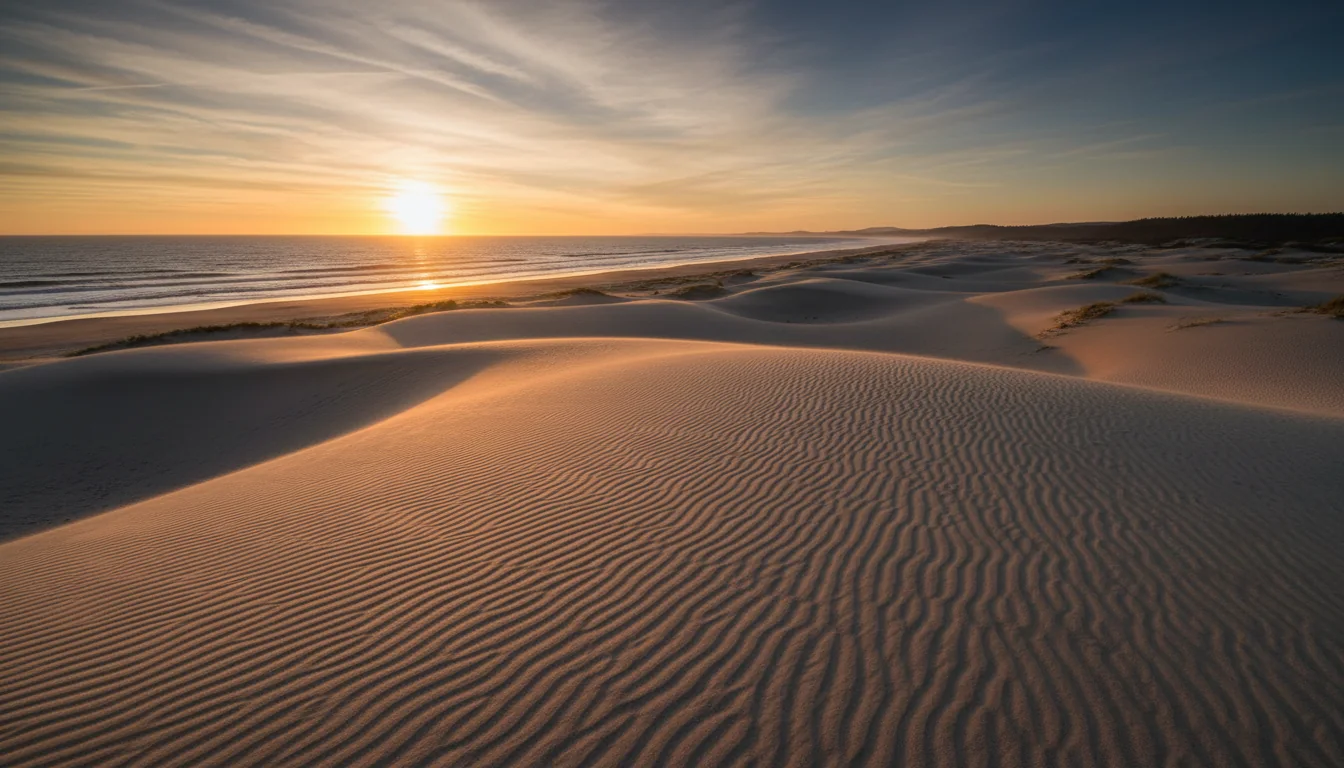 Vast wind-sculpted sand dunes rolling toward a distant line of surf with beachgrass in the foreground, the Oregon Dunes, illustrative render in the series style