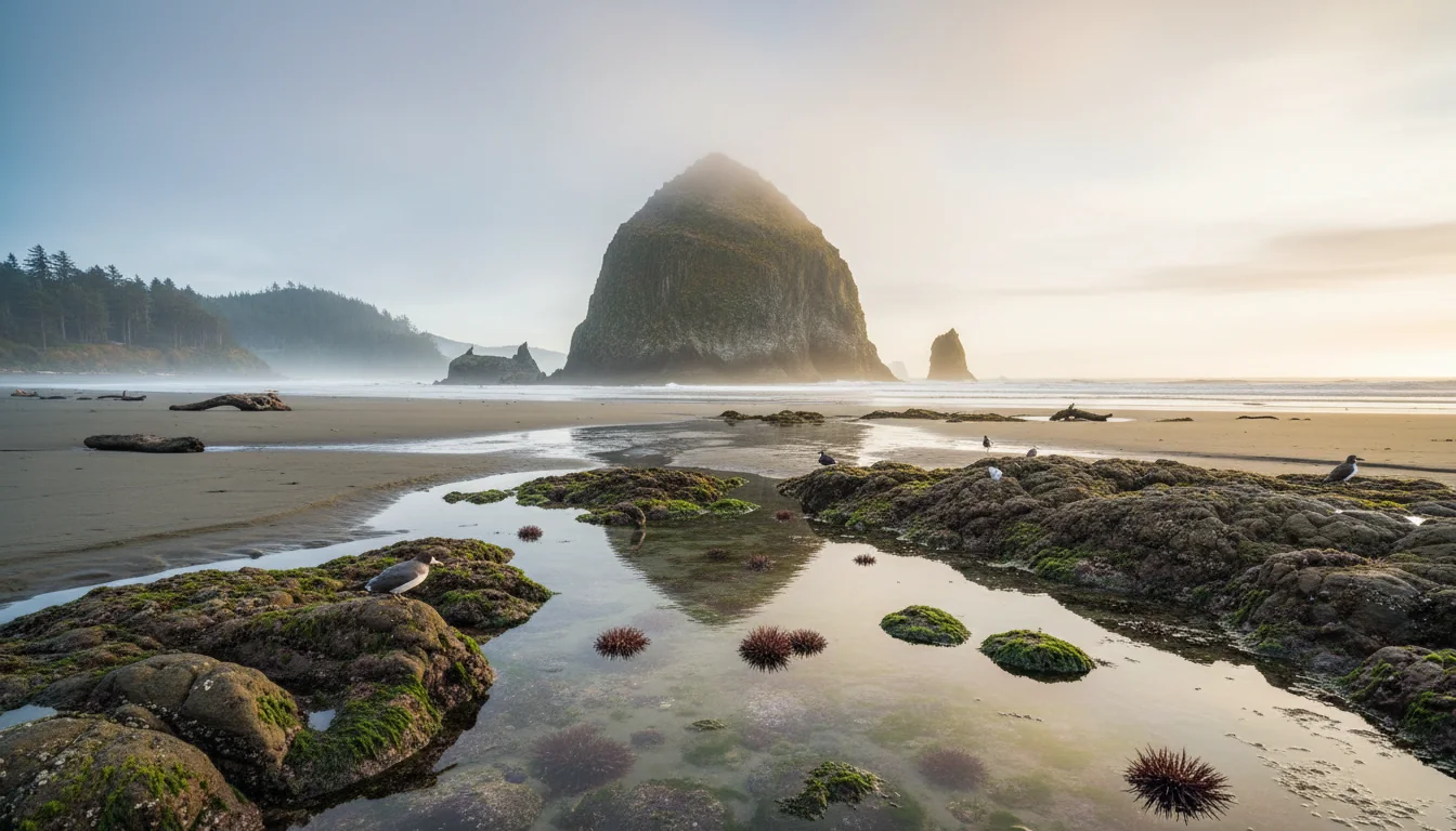 A broad public beach at Cannon Beach with the great monolith of Haystack Rock rising from the tideline and figures walking the wet sand, illustrative render in the series style