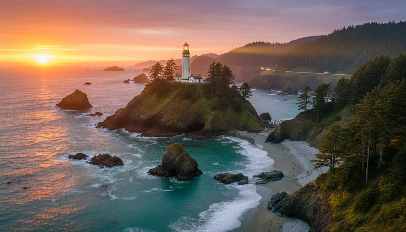 A white lighthouse perched on a headland above a curving cove and forested cliffs, Heceta Head at dusk, illustrative render in the series style