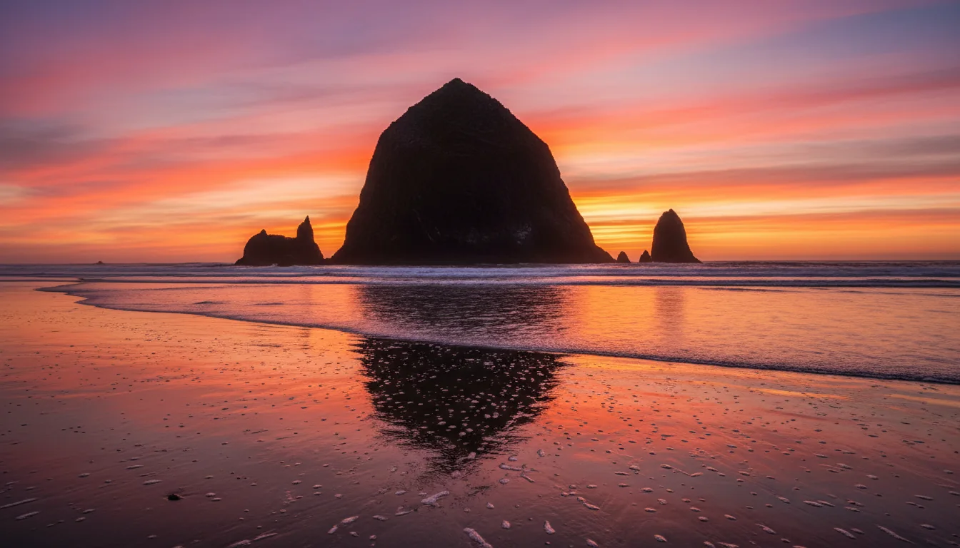 An overland rig pulled off Highway 101 above a sweep of Oregon beach with sea stacks and surf below at golden hour, illustrative render in the series style
