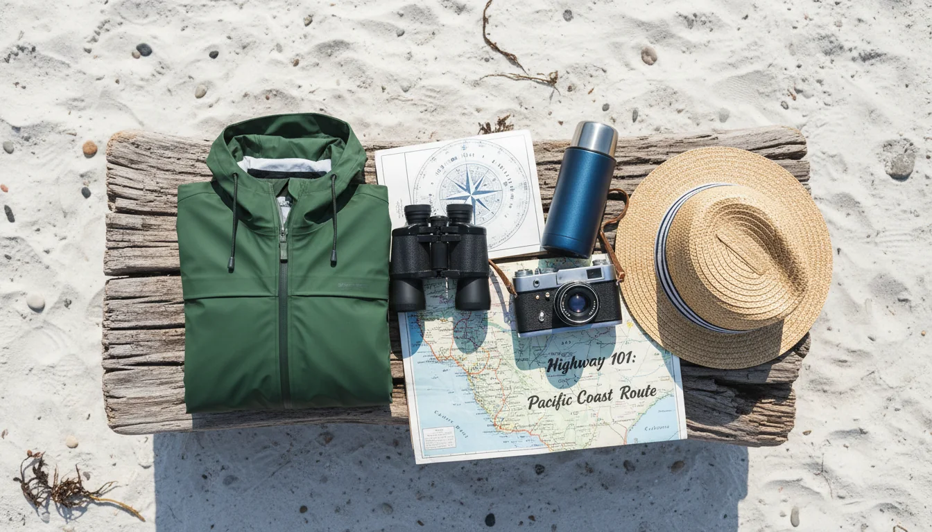 Overhead flat lay of Oregon coast kit: layered rain shell, a printed tide table, binoculars, a reservation confirmation, a paper map and a headlamp, illustrative render in the series style