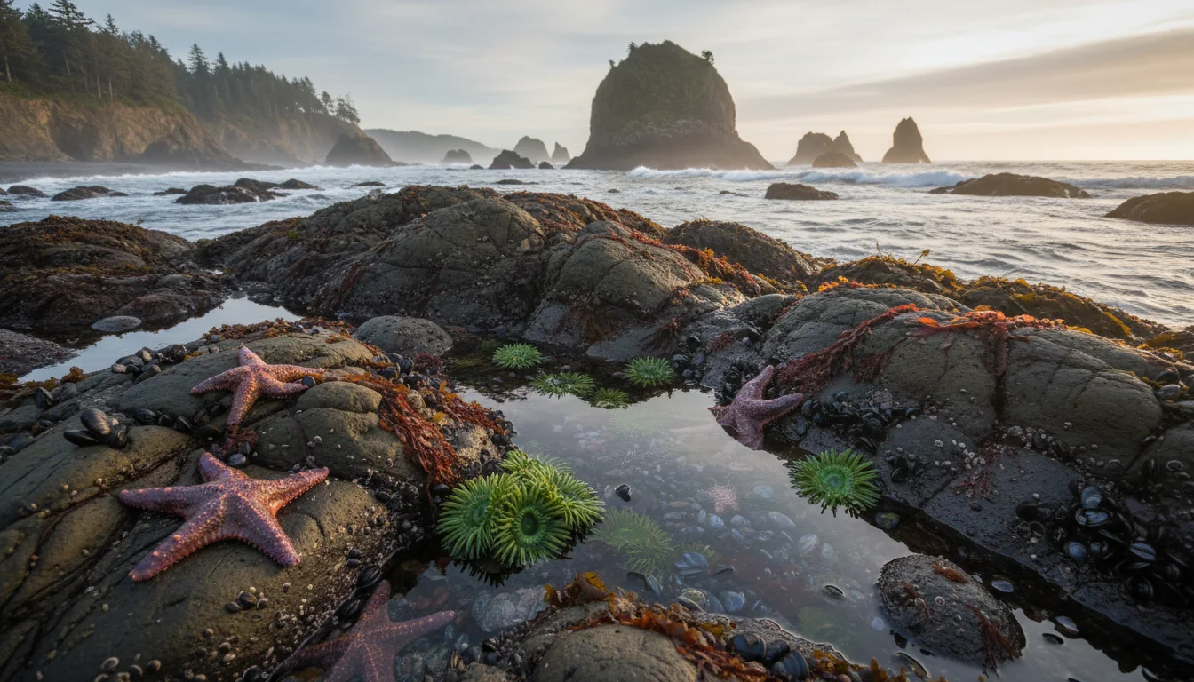 A tidepool shelf at the base of a sea stack with anemones and sea stars in shallow clear water, low tide on the north Oregon coast, illustrative render in the series style