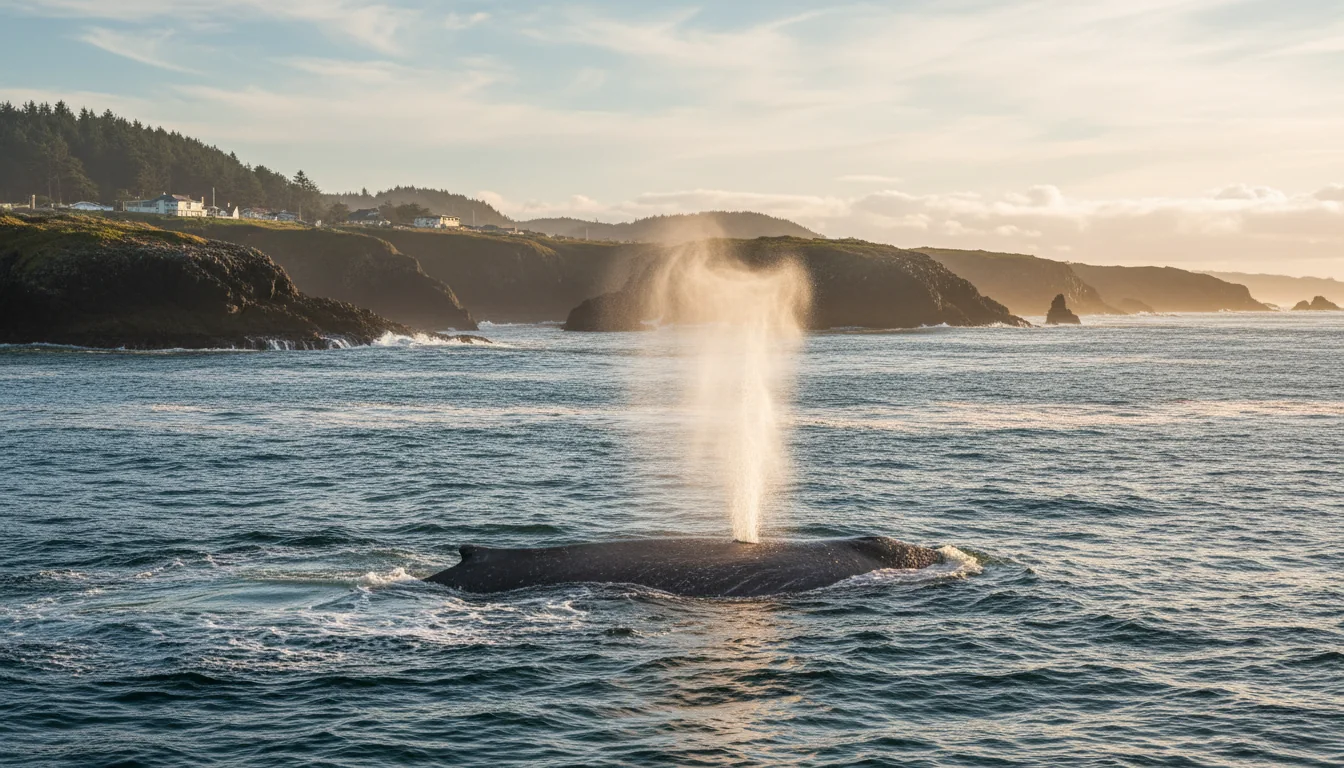 A gray whale spouting offshore seen from a seawall viewing deck with watchers at the rail, Depoe Bay, illustrative render in the series style