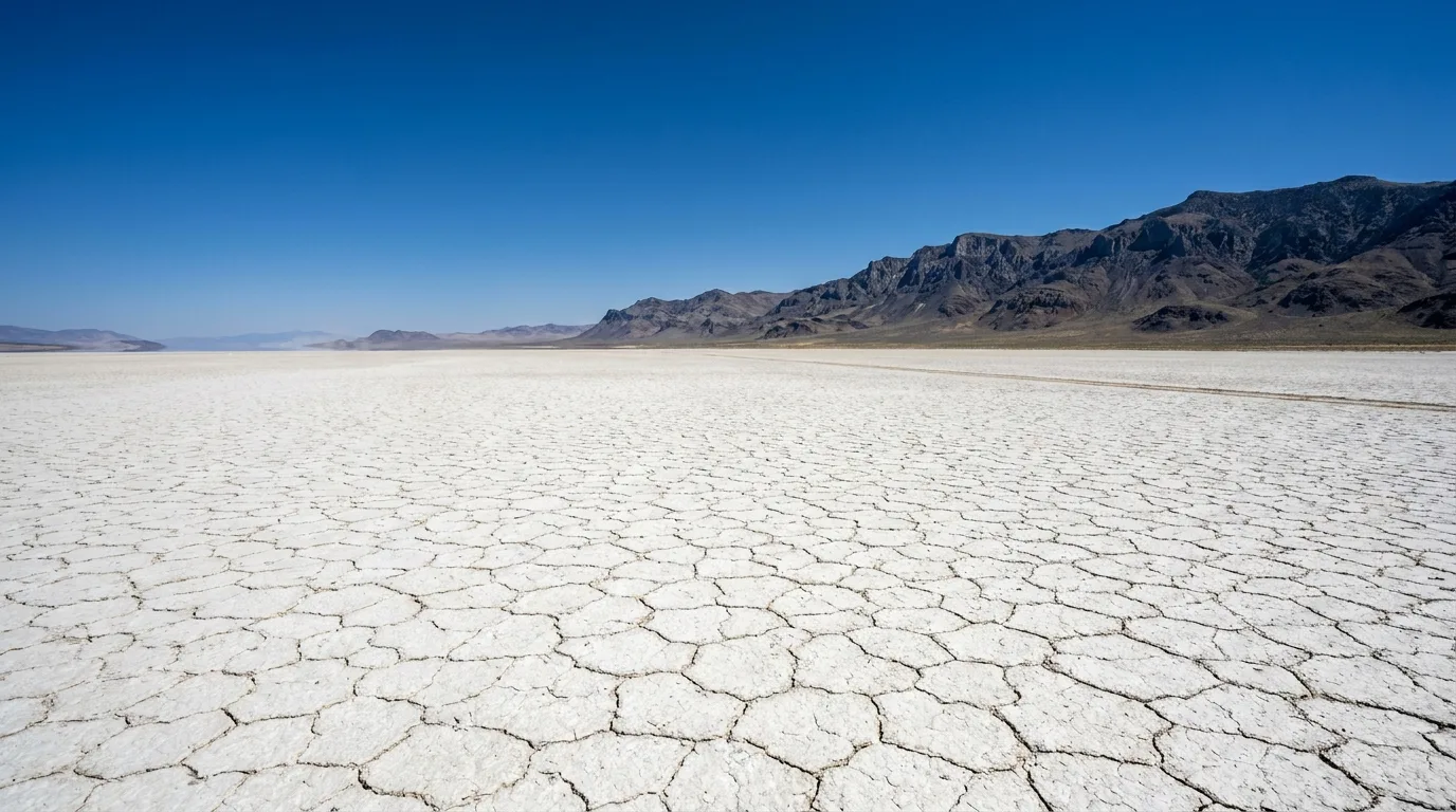 A vast cracked white alkali flat stretching to a distant mountain wall under a deep blue sky, the Alvord Desert playa, illustrative render in the series style