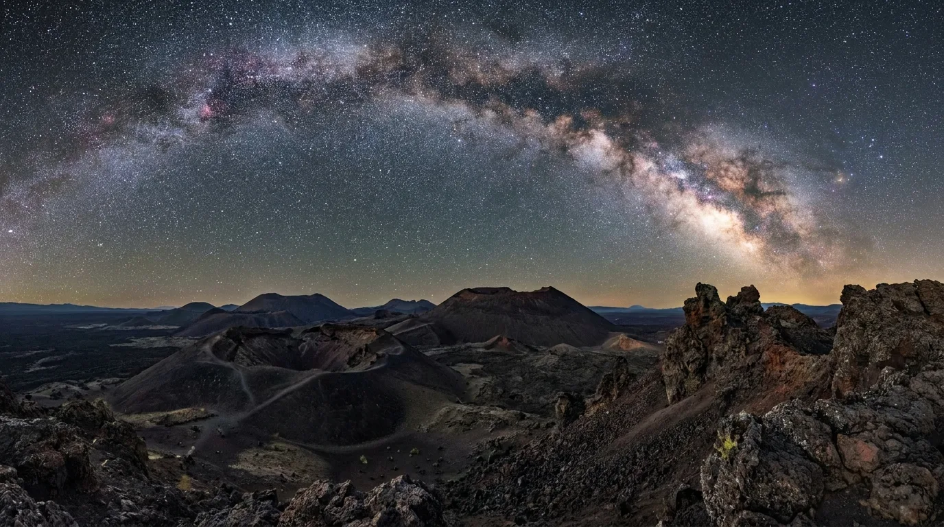A field of low basalt craters, cinder cones and lava features under a huge star-filled desert sky, Diamond Craters Outstanding Natural Area, illustrative render in the series style