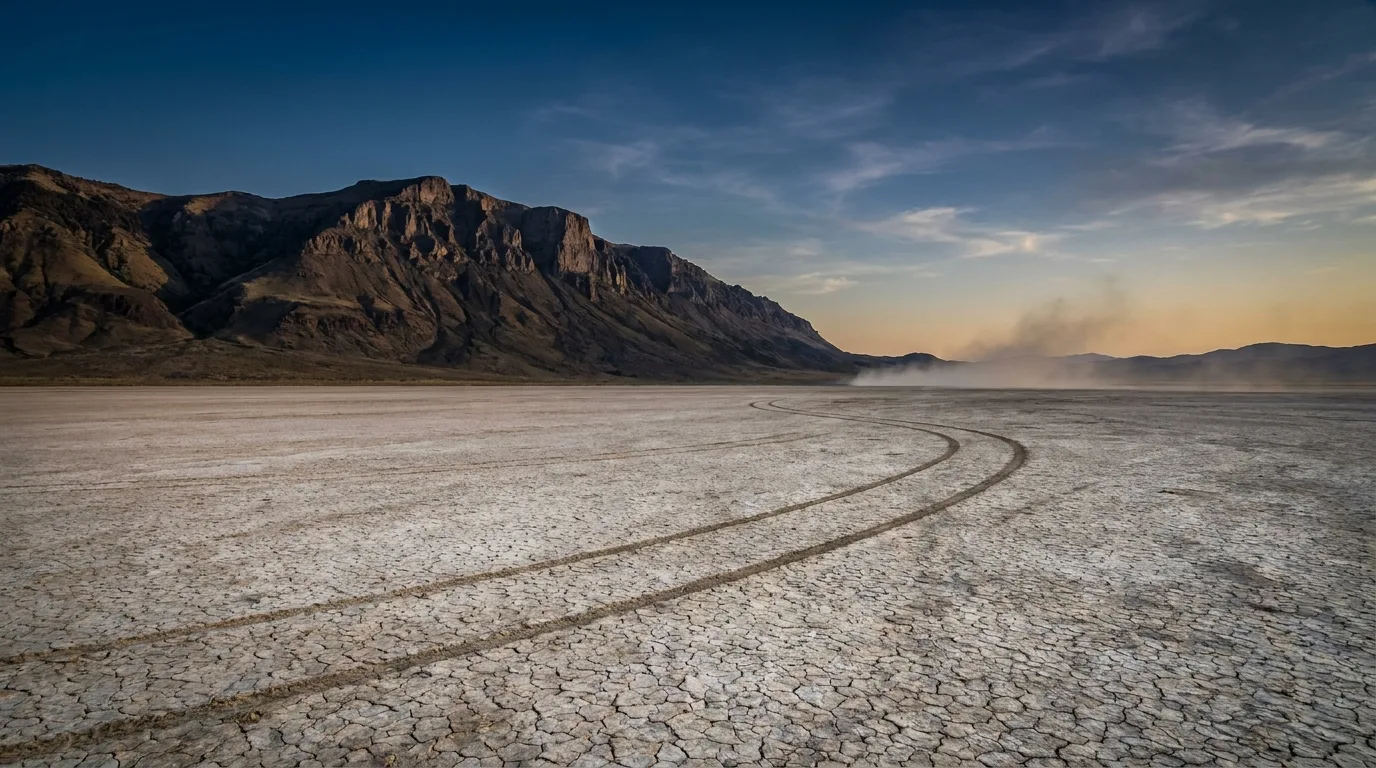 A fault-block mountain escarpment dropping a vertical mile onto a vast cracked white playa at dawn, Steens Mountain above the Alvord Desert, illustrative render in the series style