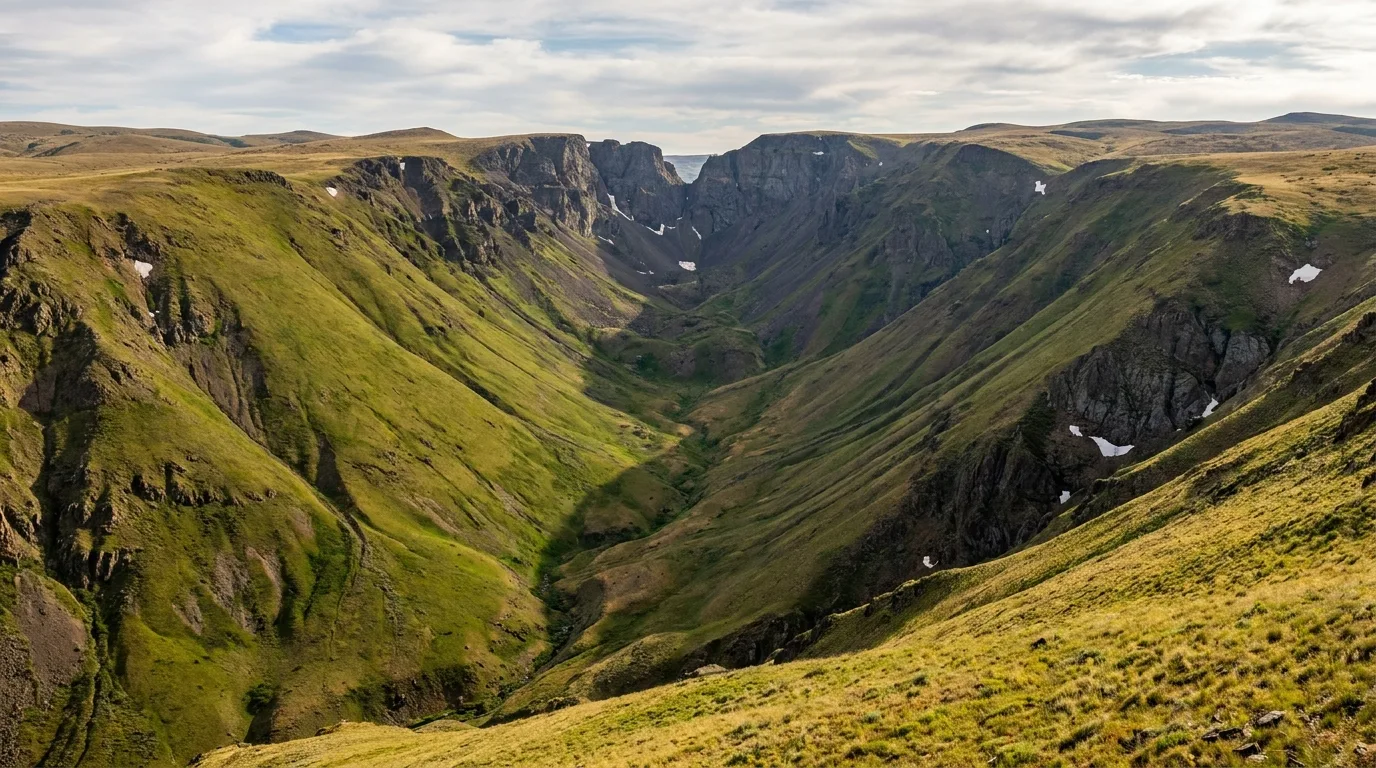 A textbook U-shaped glacial gorge with a notch cut in the far headwall seen from a rim pullout, Kiger Gorge Overlook, illustrative render in the series style