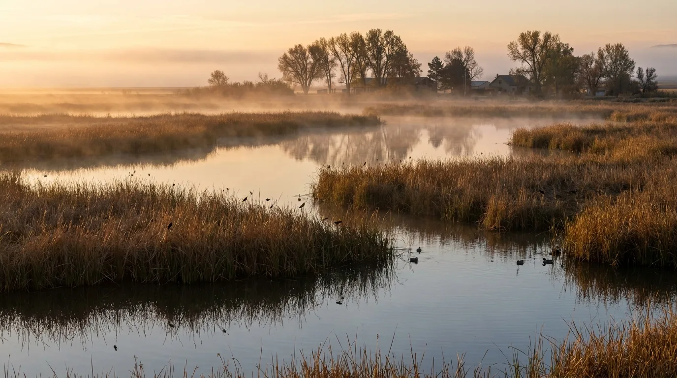 Reed-lined wetland channels and tree-lined refuge headquarters grounds full of migrating songbirds at dawn, Malheur National Wildlife Refuge, illustrative render in the series style