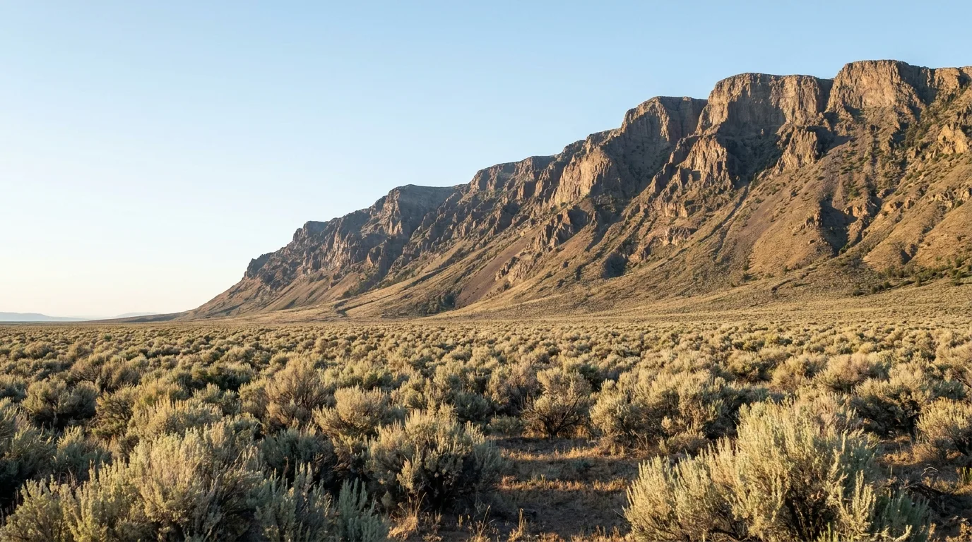 A long sagebrush plain running to the base of a steep fault-block ridge under a huge empty sky, the western face of Steens Mountain, illustrative render in the series style