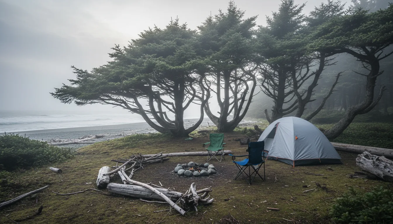 A camp set among wind-shaped shore pine and salal behind a driftwood-strewn beach, awning out, evening light through sea mist, illustrative render in the series style