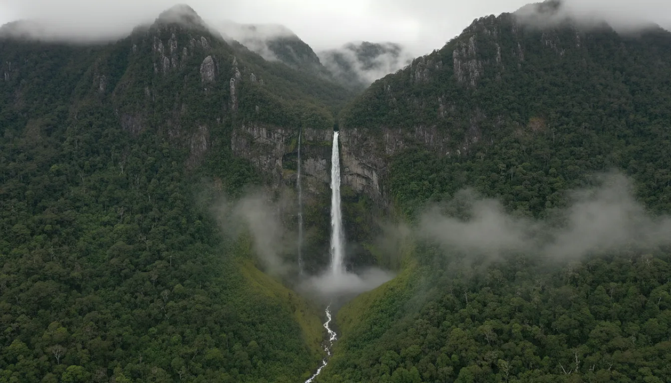 A very tall multi-tier waterfall dropping down a forested mountain wall into a narrow valley of old growth, Della Falls, illustrative render in the series style