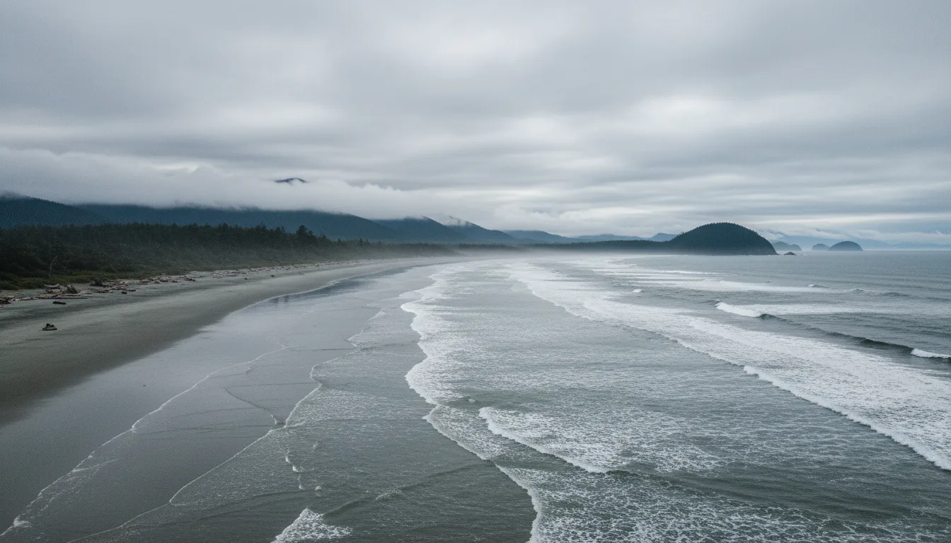 An overland rig parked above a vast surf-lined beach with old-growth rainforest crowding the shore and the open Pacific beyond, the west coast of Vancouver Island at golden hour, illustrative render in the series style