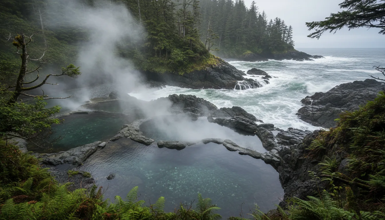 Steaming natural rock pools stepping down a wooded shoreline toward the open ocean, reached by a long cedar boardwalk, illustrative render in the series style