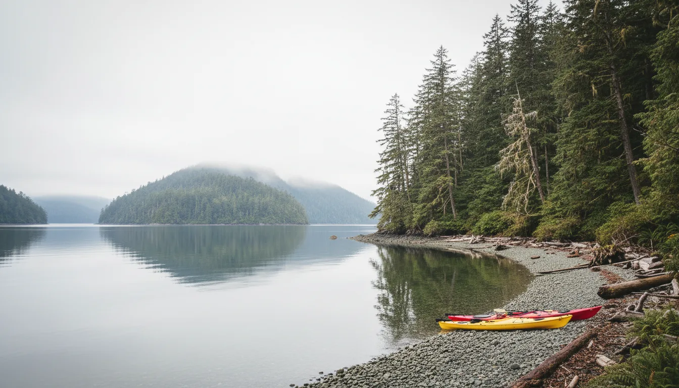 Sea kayaks crossing calm protected water between forested islands with mist lifting off the channel, Clayoquot Sound, illustrative render in the series style