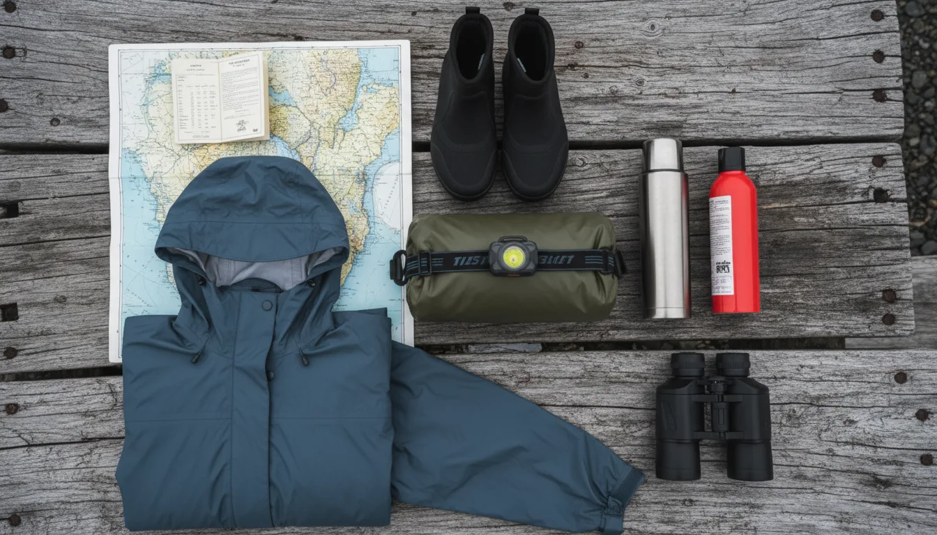 Overhead flat lay of west coast kit: a thick wetsuit with booties gloves and hood, a tide table, a satellite messenger, bear spray in a holster, dry bags and a paper map, illustrative render in the series style
