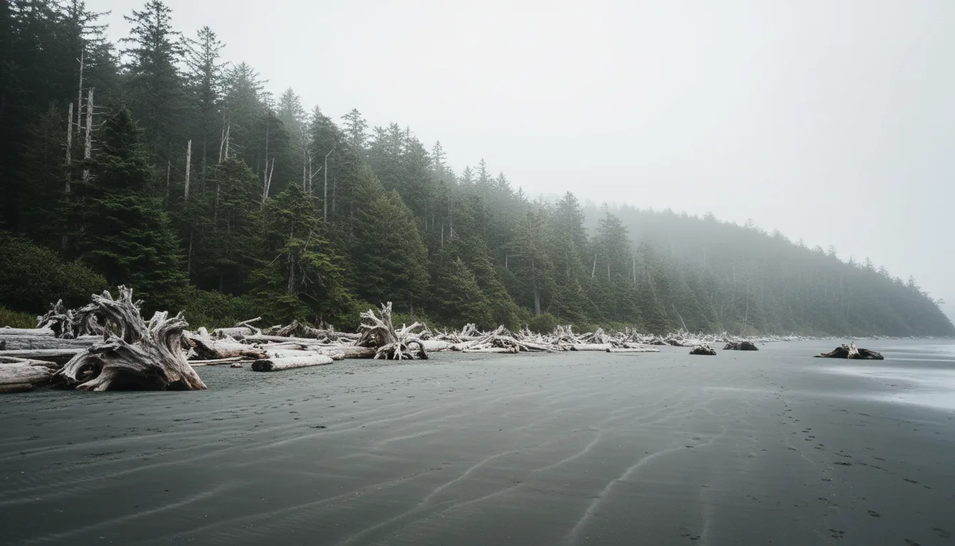 A vast flat sand beach with lines of Pacific swell breaking under low cloud, dark forested headlands at either end, Long Beach, illustrative render in the series style