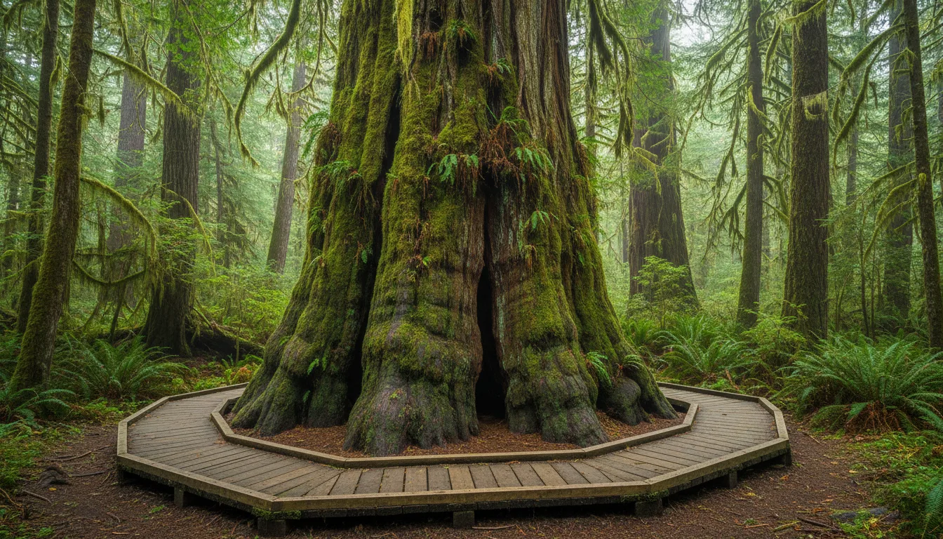 Immense old-growth redcedars rising from moss and salal above a rough split-log boardwalk on a forested island, Meares Island, illustrative render in the series style