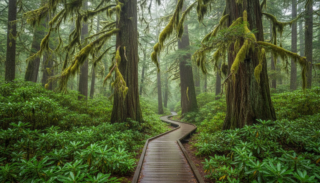 A cedar boardwalk winding through dense moss-hung temperate rainforest with enormous trunks and sword fern, the Rainforest Trail, illustrative render in the series style